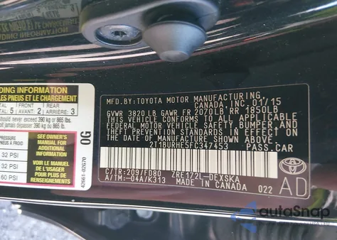 2015 Toyota Corolla S z USA, uszkodzony, nr VIN 2T1BURHE5FC347453